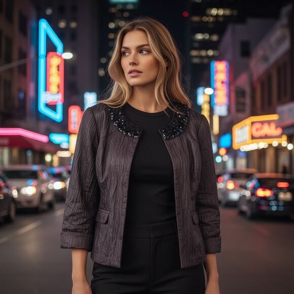 Chico's Purple Plum Embellished Collar Beads Sequin Jacket Hook Closure Medium - Picture 1 of 6